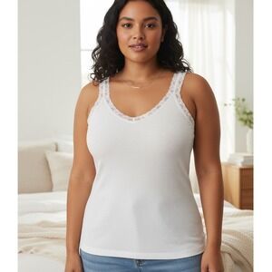 Vavonne Camisole Womens Size 3XL White V Neck Ribbed Lace Trim Sleeveless Cotton